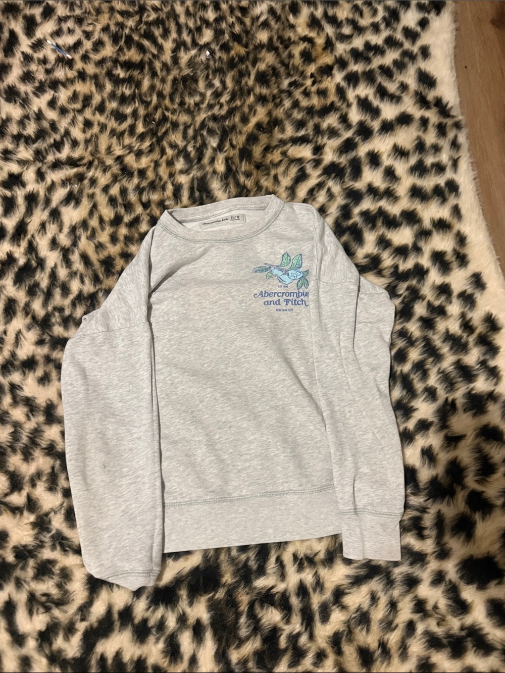 Abercrombie & Fitch Light Gray Crewneck Sweater with Blue Floral Graphic